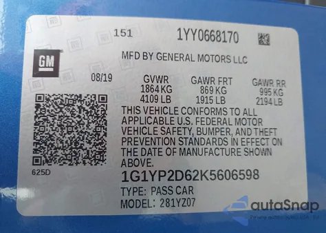 2019 Chevrolet Corvette Z06 from USA, damaged, VIN 1G1YP2D62K5606598